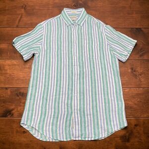 J.Crew Mens MEDIUM TALL Baird McNutt Irish Linen Striped Shirt Teal Blue White